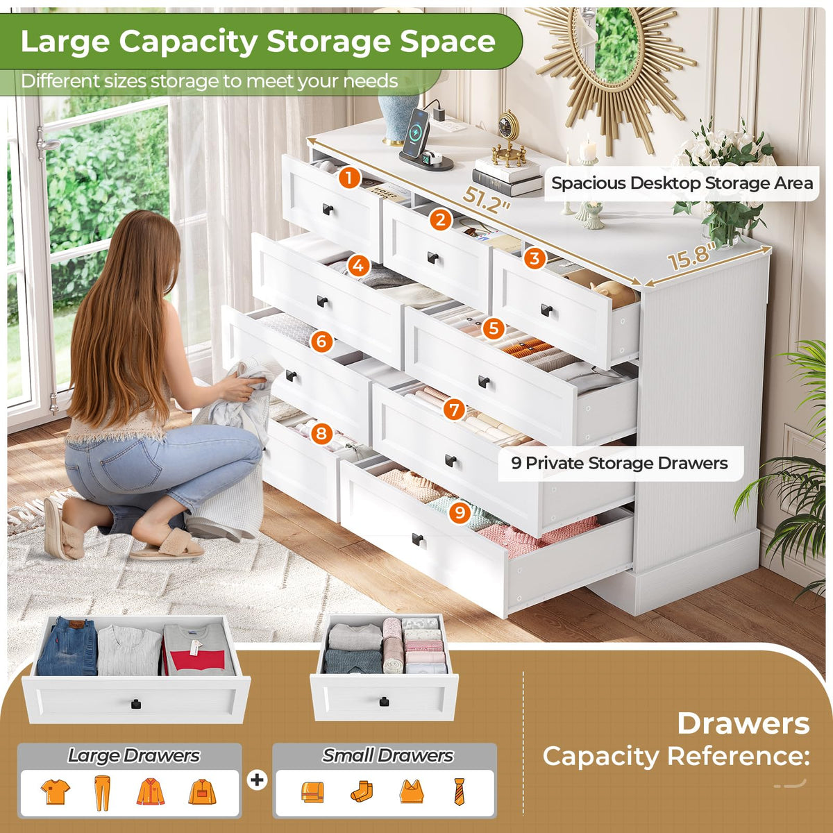 White 9 Drawer Wood Dresser with Charging Station R993