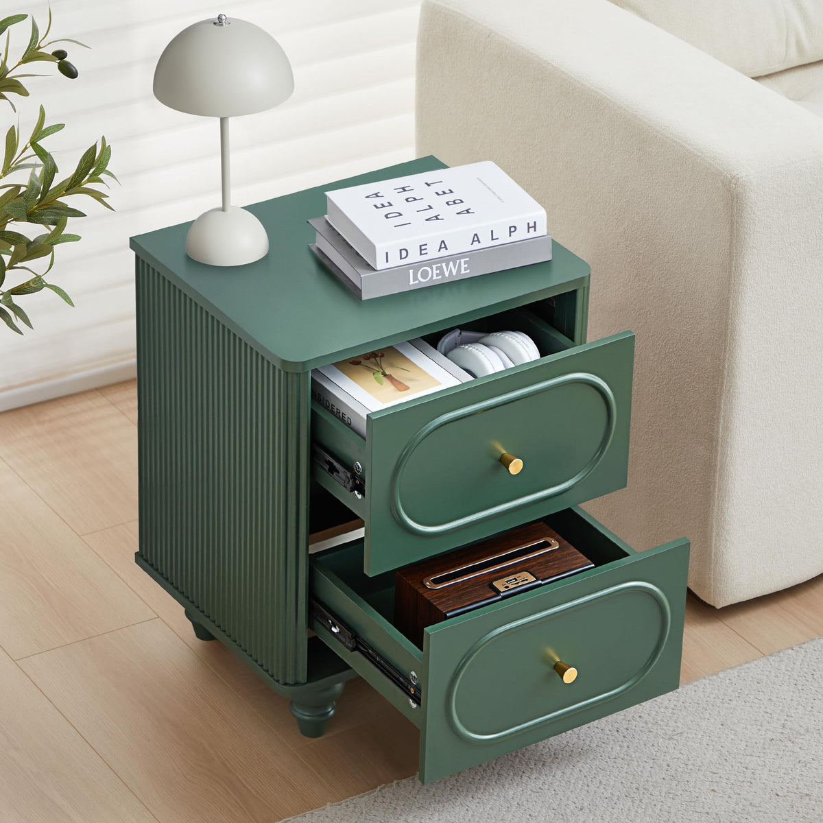 2 Drawer Fluted Nightstand Set of 2 Green M365