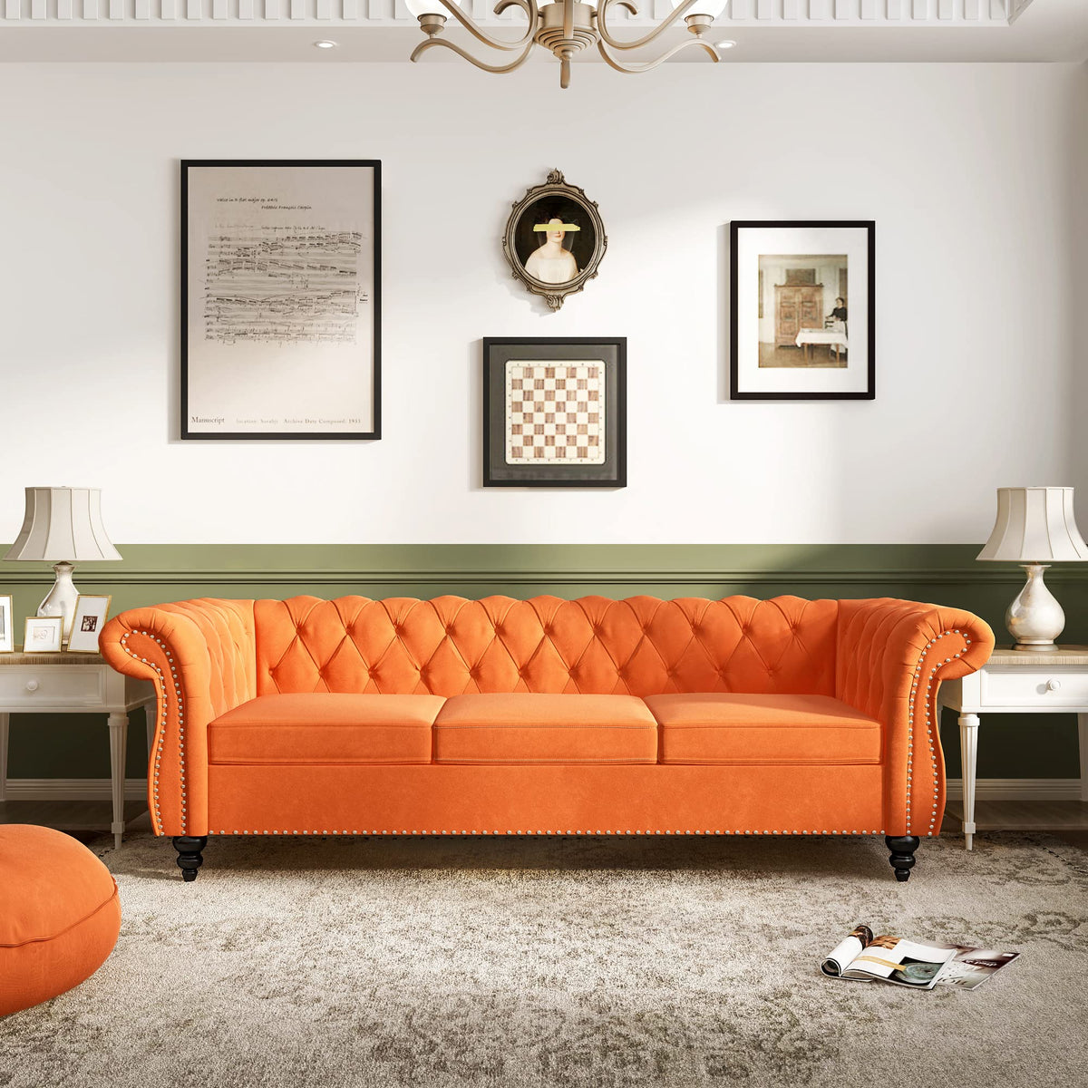 Velvet 3 Seater Tufted Sofa with Rolled Arms Y616140