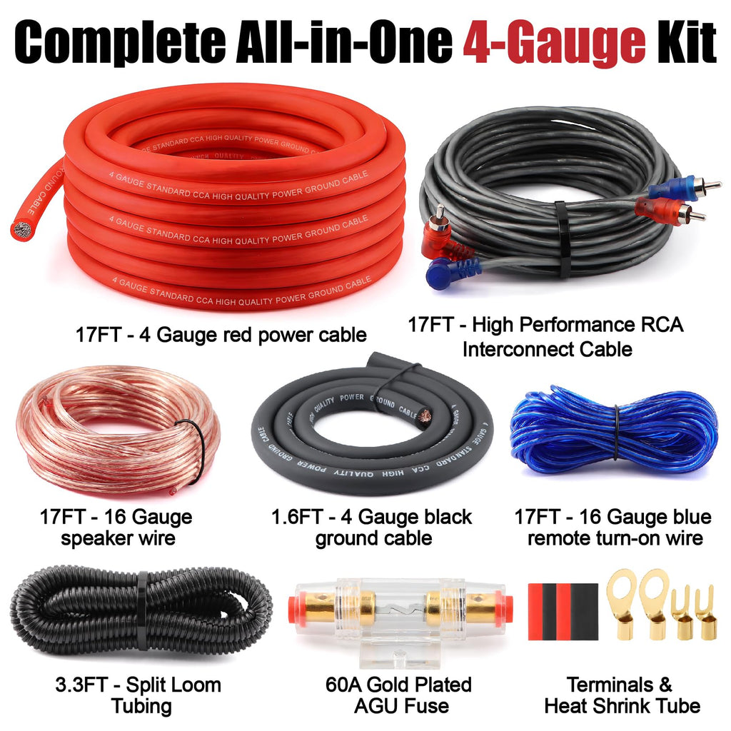 4 Gauge Audio Amplifier Wiring Kit 1200W CCA with Fuse & RCA A2619