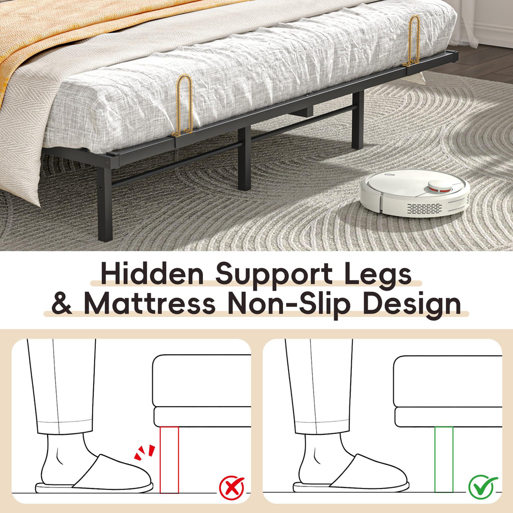 Queen Size Metal Platform Bed with Storage Bookcase Headboard B886891