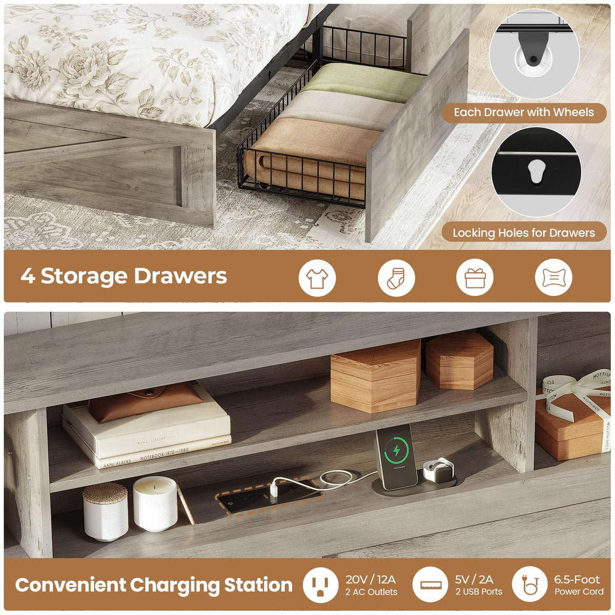 Twin Bed with Bookcase Headboard and 4 Drawers K7764