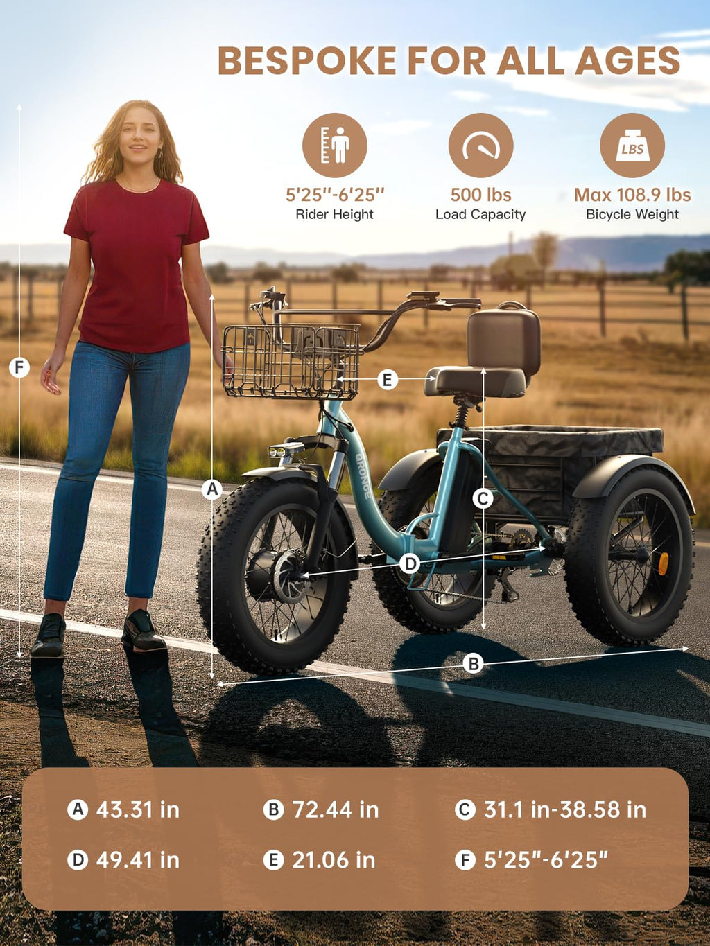 Electric Tricycle 960W Peak 36V 15AH Battery 20"*4" Fat Tire 3 Wheel Folding W502