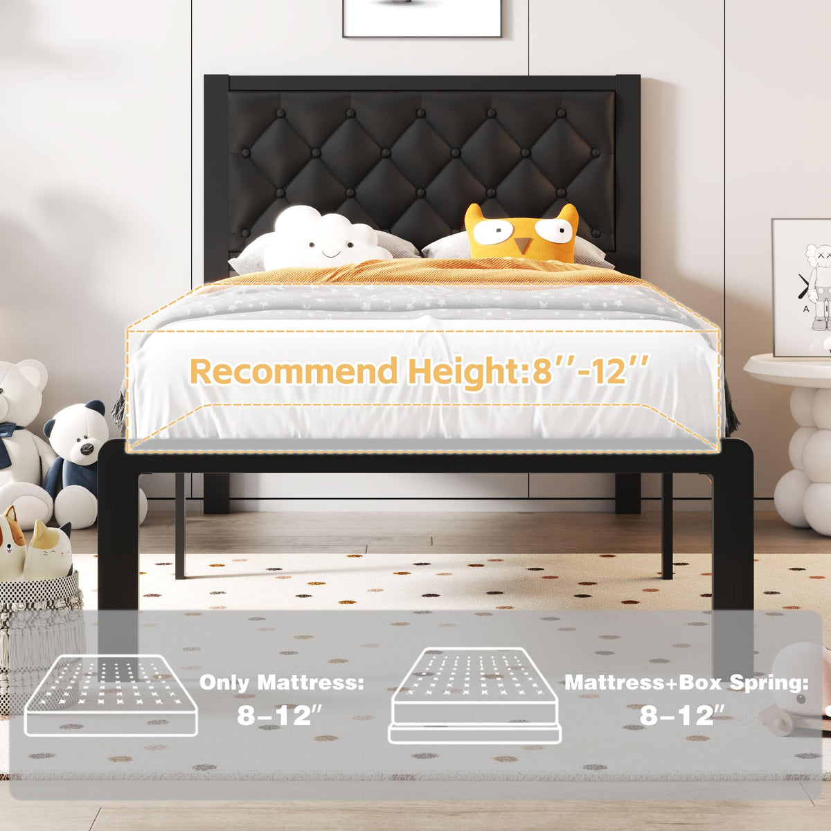 Black PU Leather Upholstered Twin Bed Frame with Headboard V3981