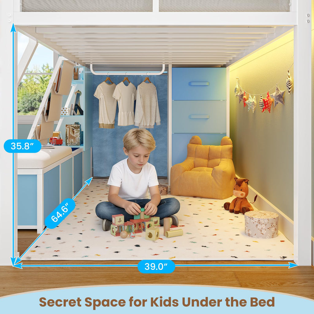 White & Blue Twin Loft Bed with 7 Storage Drawers L495