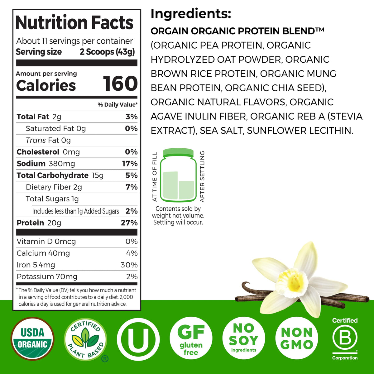 Organic Vegan Protein Powder + Oat Milk, Vanilla Bean, 20g Plant Based Protein, 1.05lb M310