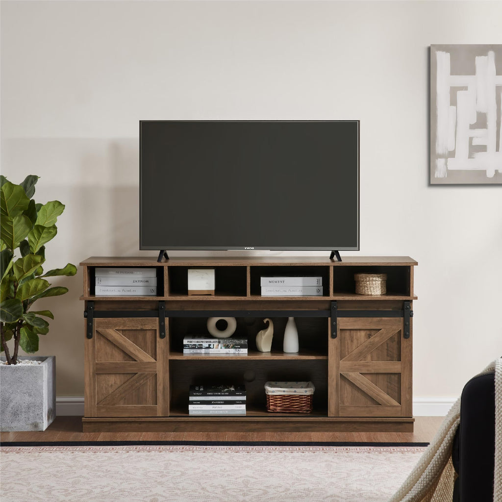 Natural Brown Wood TV Stand with Sliding Barn Door N17565