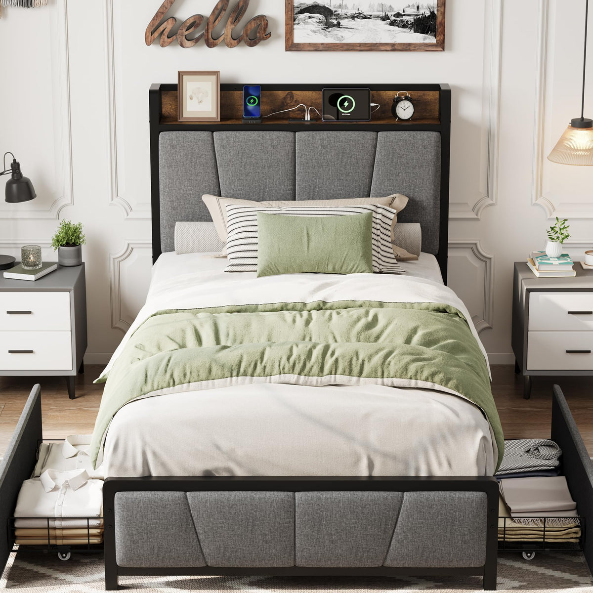 Grey Twin Size Linen Upholstered Platform Bed Frame with 2 Storage Drawers Z53640