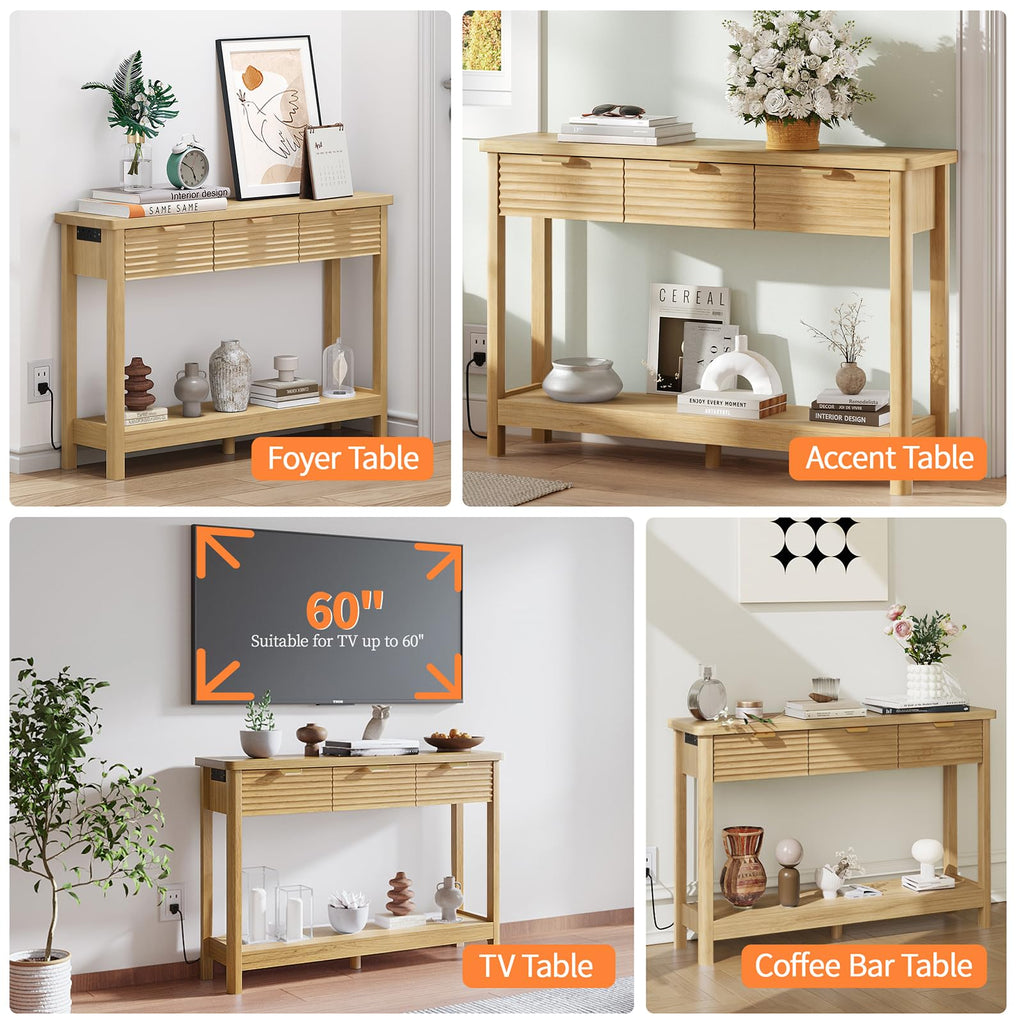 47.2" Narrow Console Table with 3 Drawers & Charging Station, Oak S7400