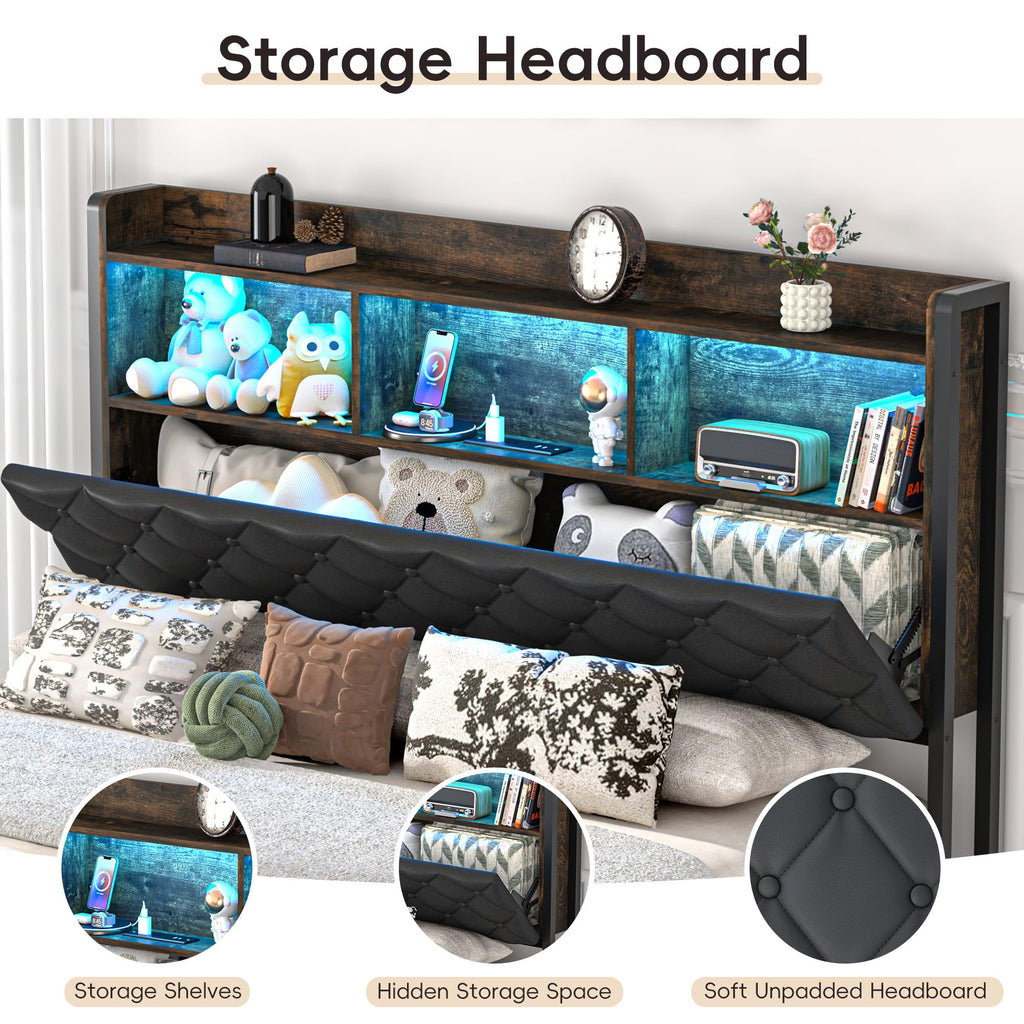 Queen Size Metal Platform Bed with Storage Bookcase Headboard B886891