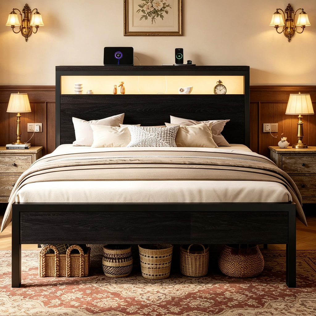 Full Bed Frame with 2-Tier Storage Headboard S9433