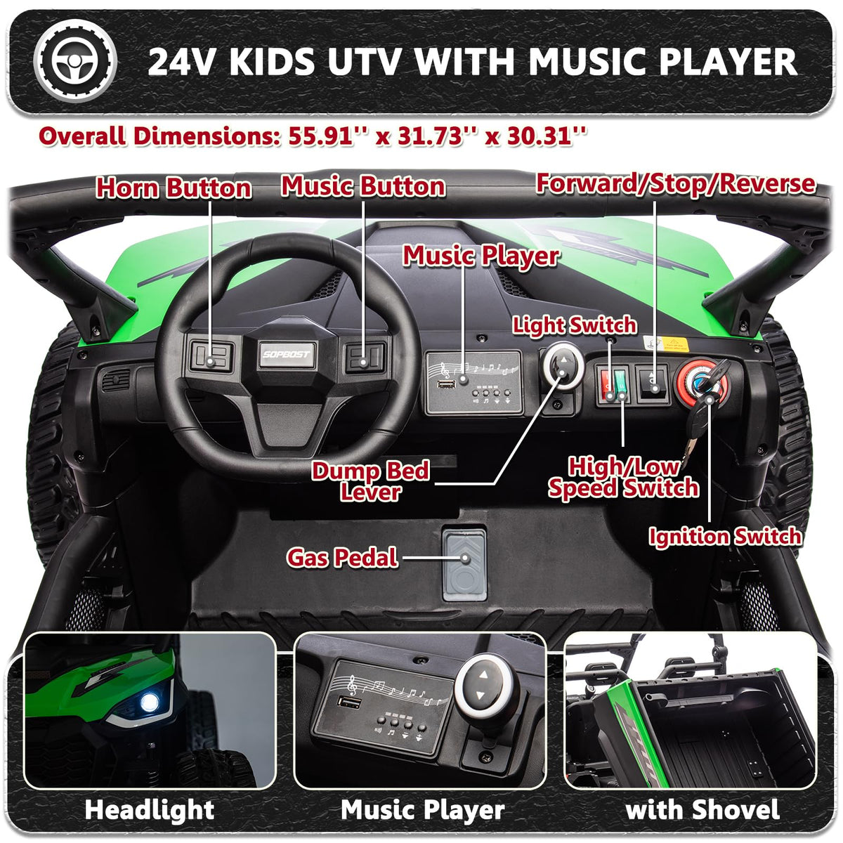 2 Seater 24V 10Ah Ride On Dump Truck with EVA Tires, Green S46260
