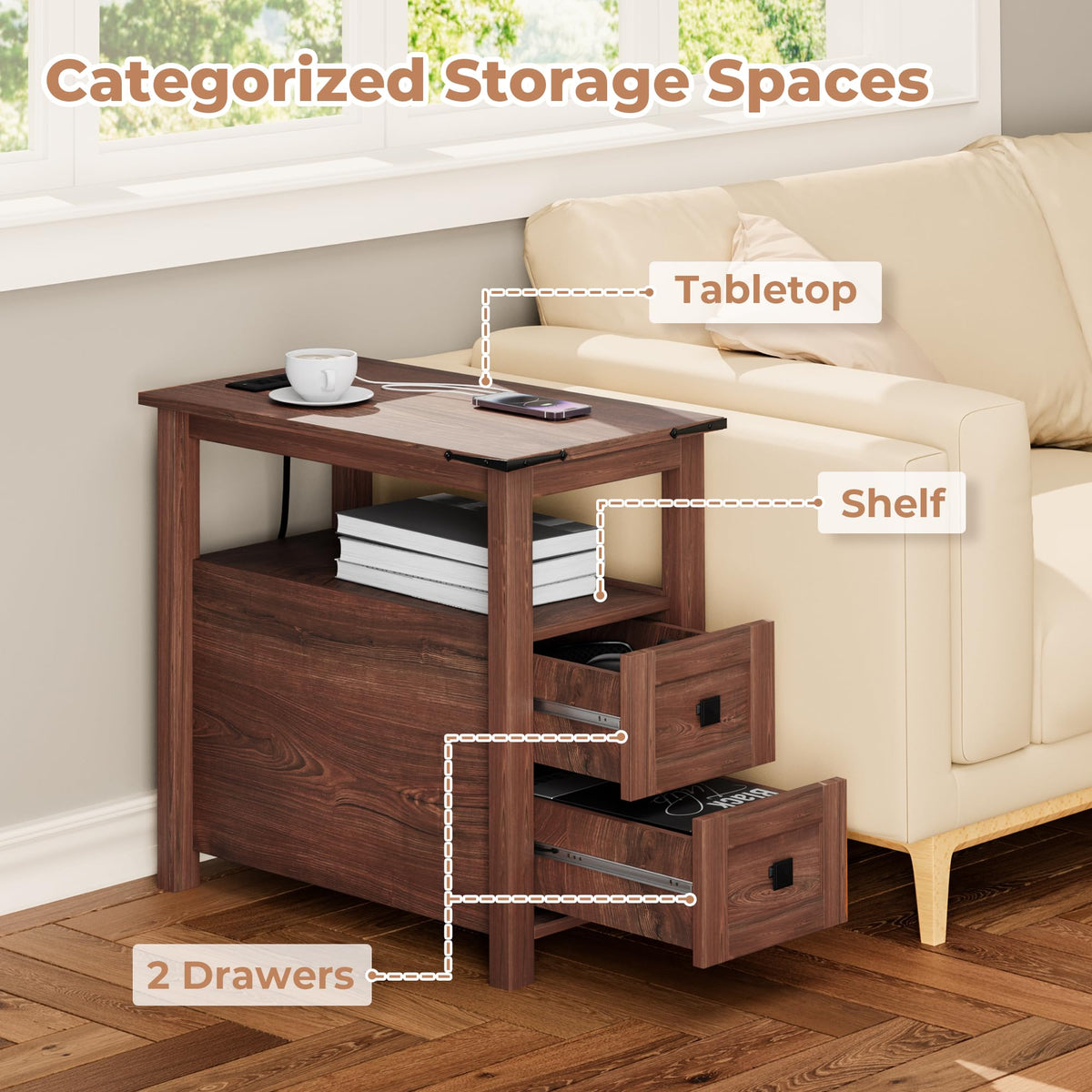 Cherry Wood End Table with Charging Station and 2 Storage Drawers Y5109