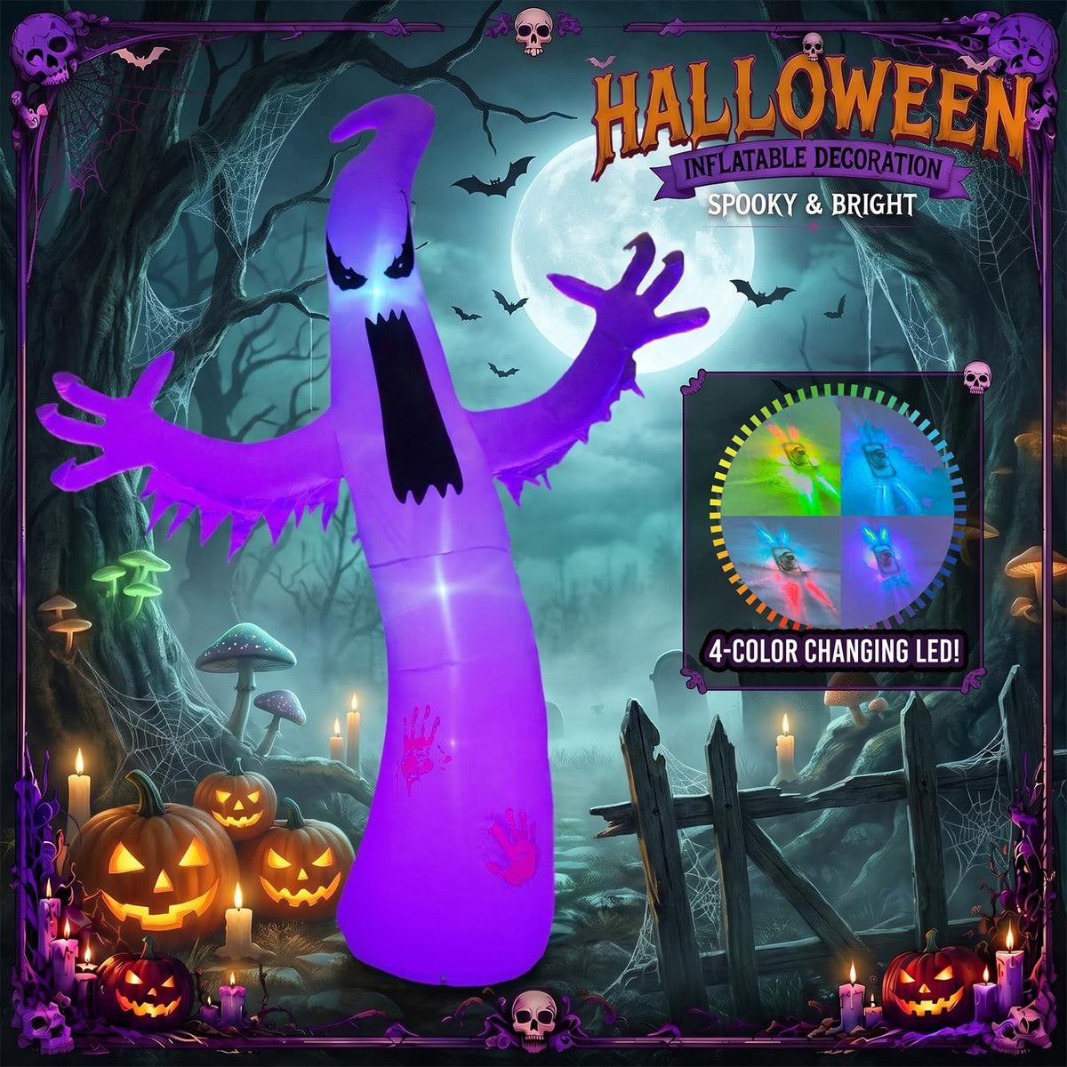8 FT Halloween Inflatable Ghost Outdoor Decoration with Colorful LEDs I194503