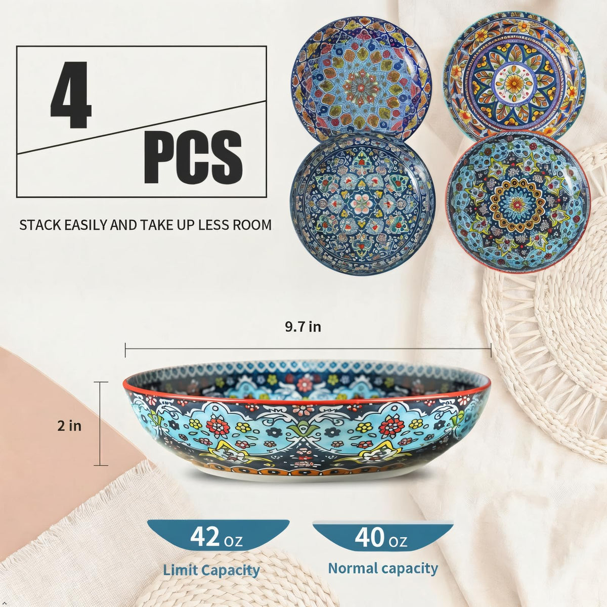 Pasta Bowls Set of 4, 42 oz Ceramic Serving Bowls T651