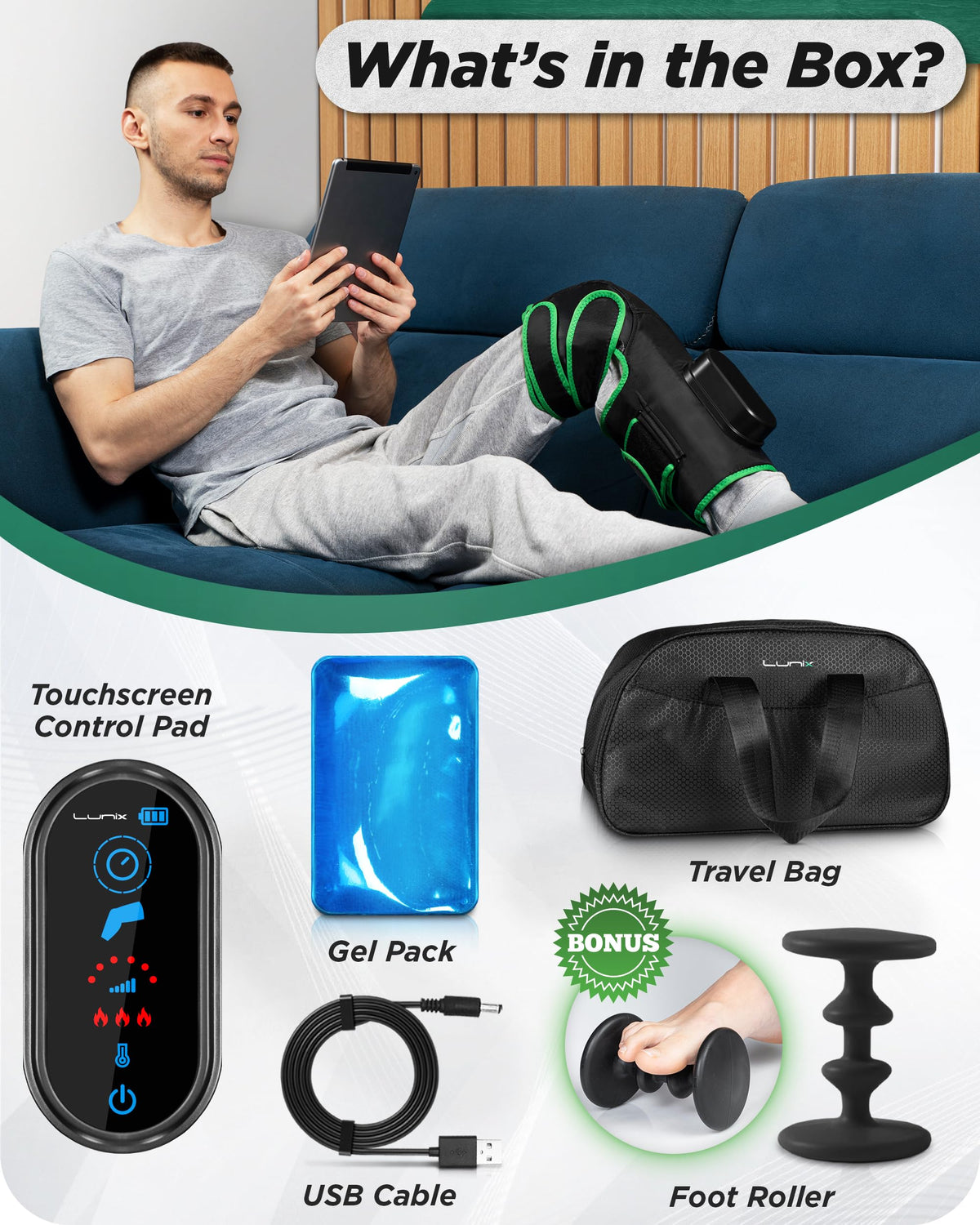 Cordless Knee Massager with Heat, Compression & Vibration, Rechargeable Wrap, Forest Green S176