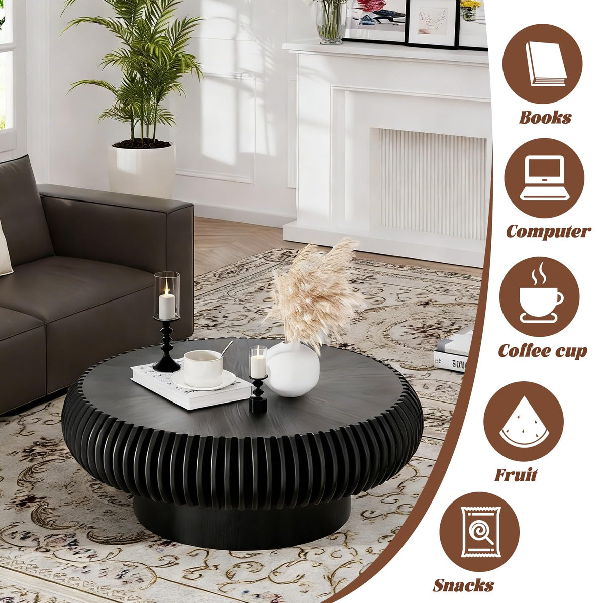 Black Round Fluted Drum Coffee Table F7445