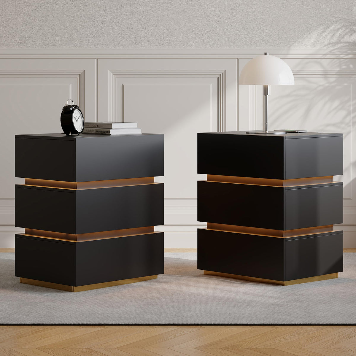Black Set of 2 Nightstand with Wireless Charging and 3 Drawers X749465