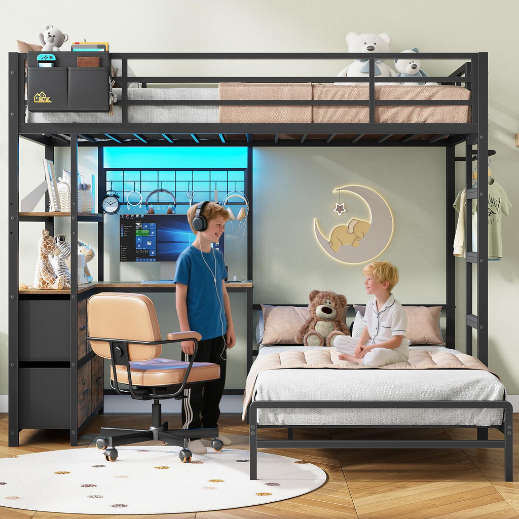 Twin XL Over Twin Bunk Bed with Desk and 5 Storage Drawers O59133