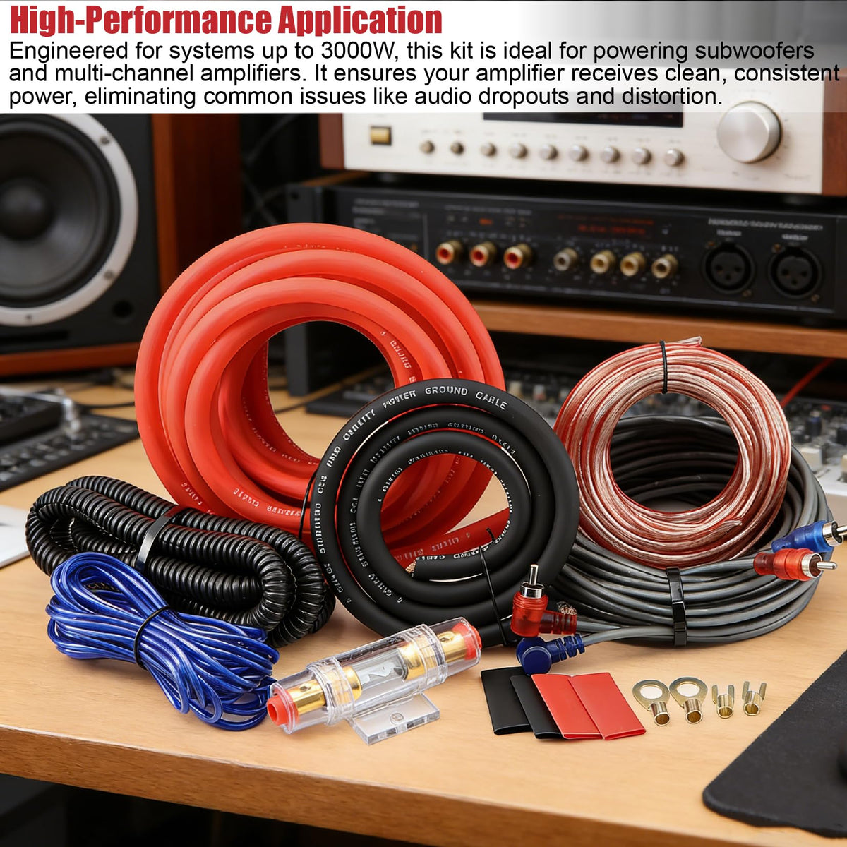 4 Gauge Audio Amplifier Wiring Kit 1200W CCA with Fuse & RCA A2619