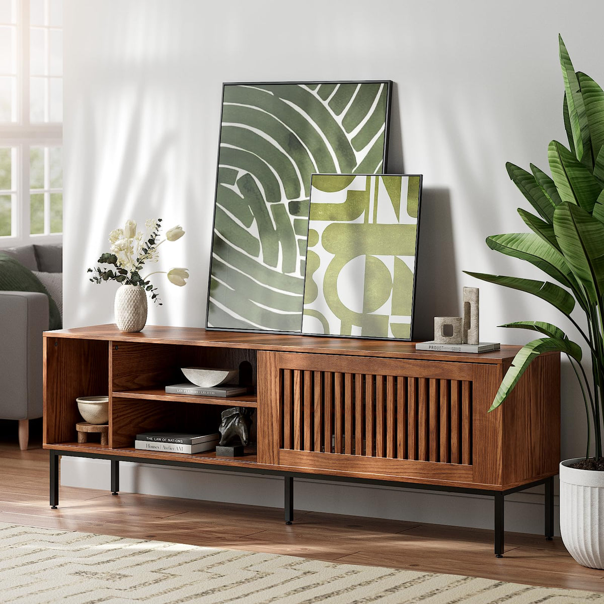 Farmhouse TV Stand for 65-70 Inch TVs with Sliding Barn Door D22995
