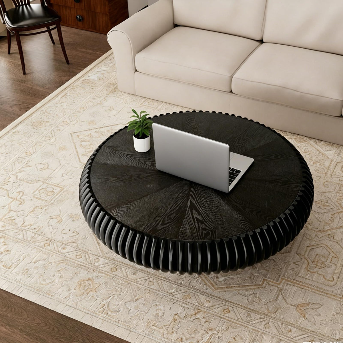 Black Round Fluted Drum Coffee Table F7445