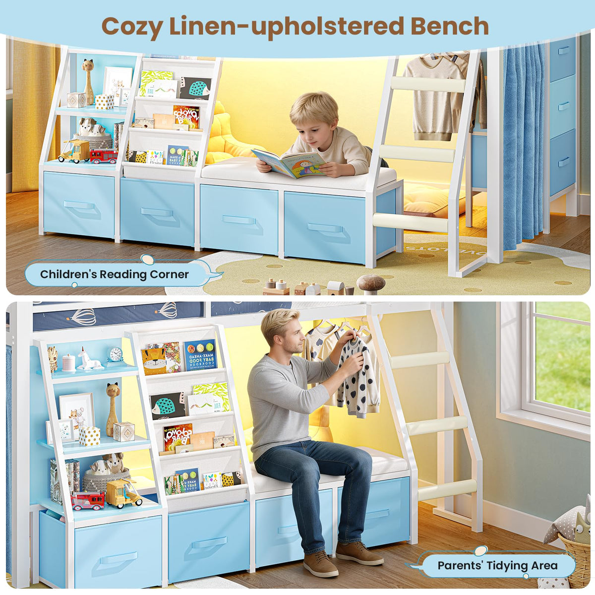 White & Blue Twin Loft Bed with 7 Storage Drawers L495