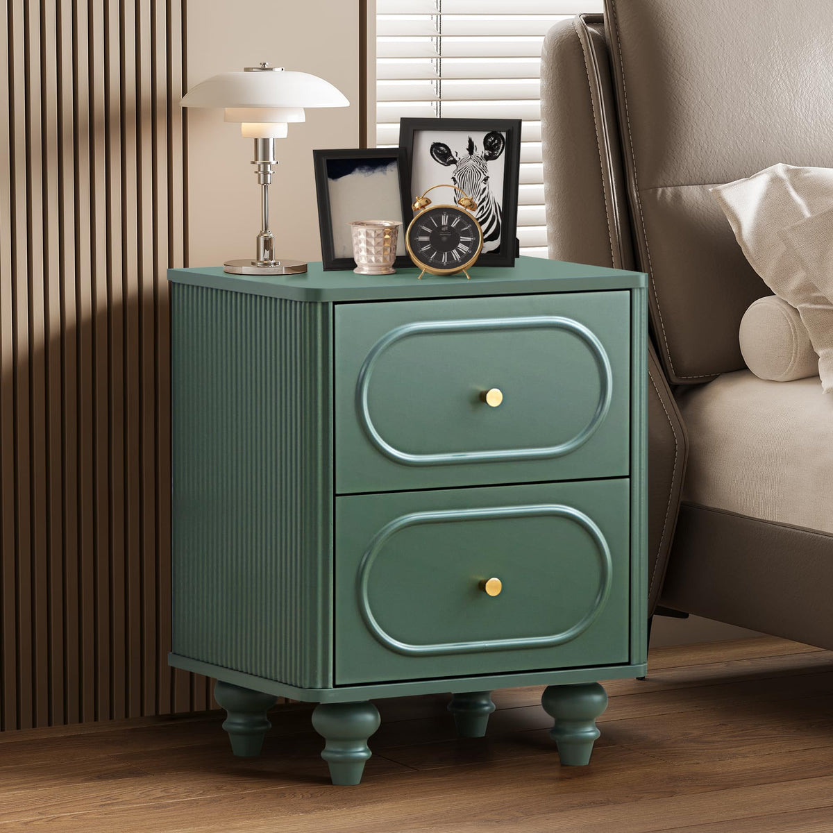 2 Drawer Fluted Nightstand Set of 2 Green M365
