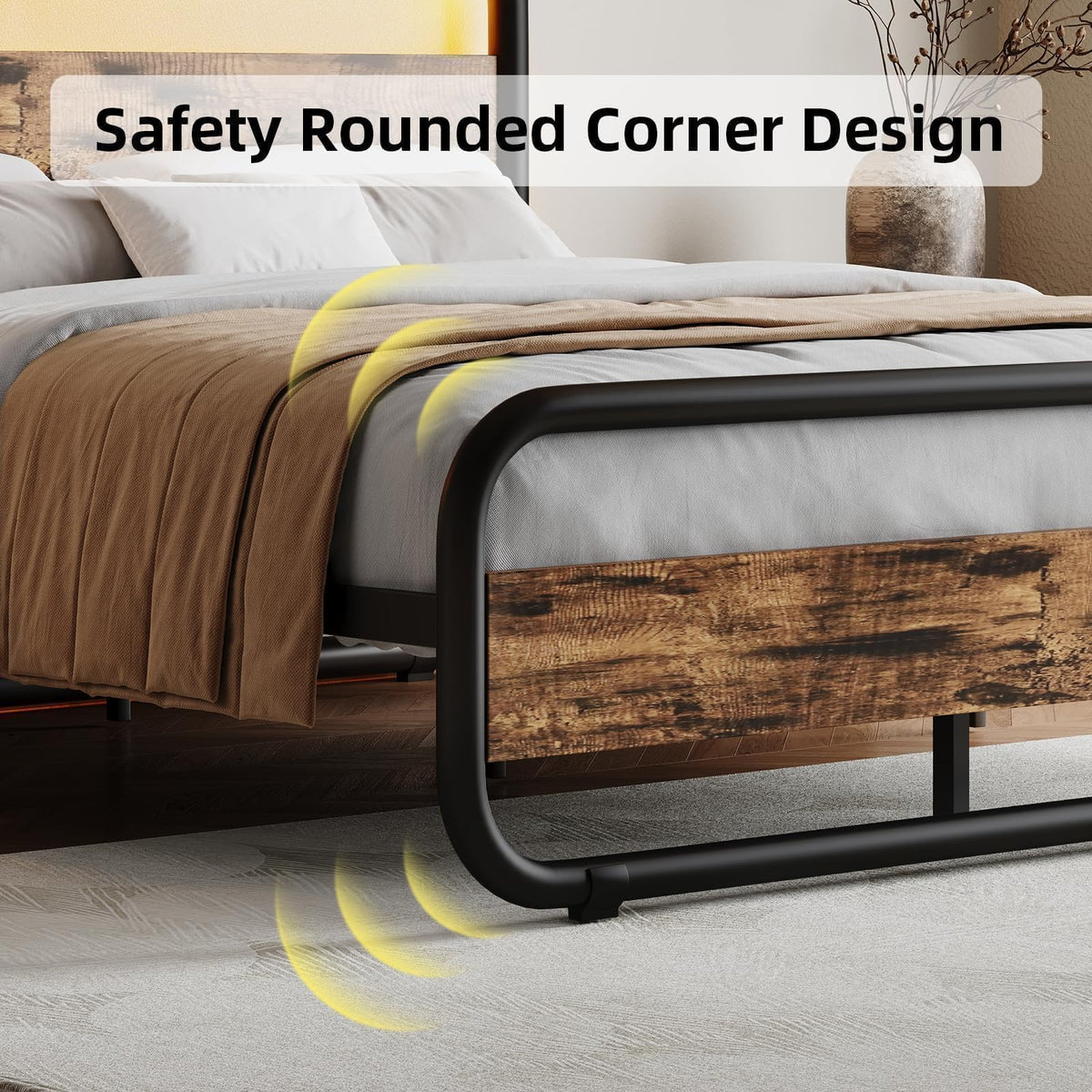 Brown Metal Platform Twin Bed Frame with Wood Headboard N342312