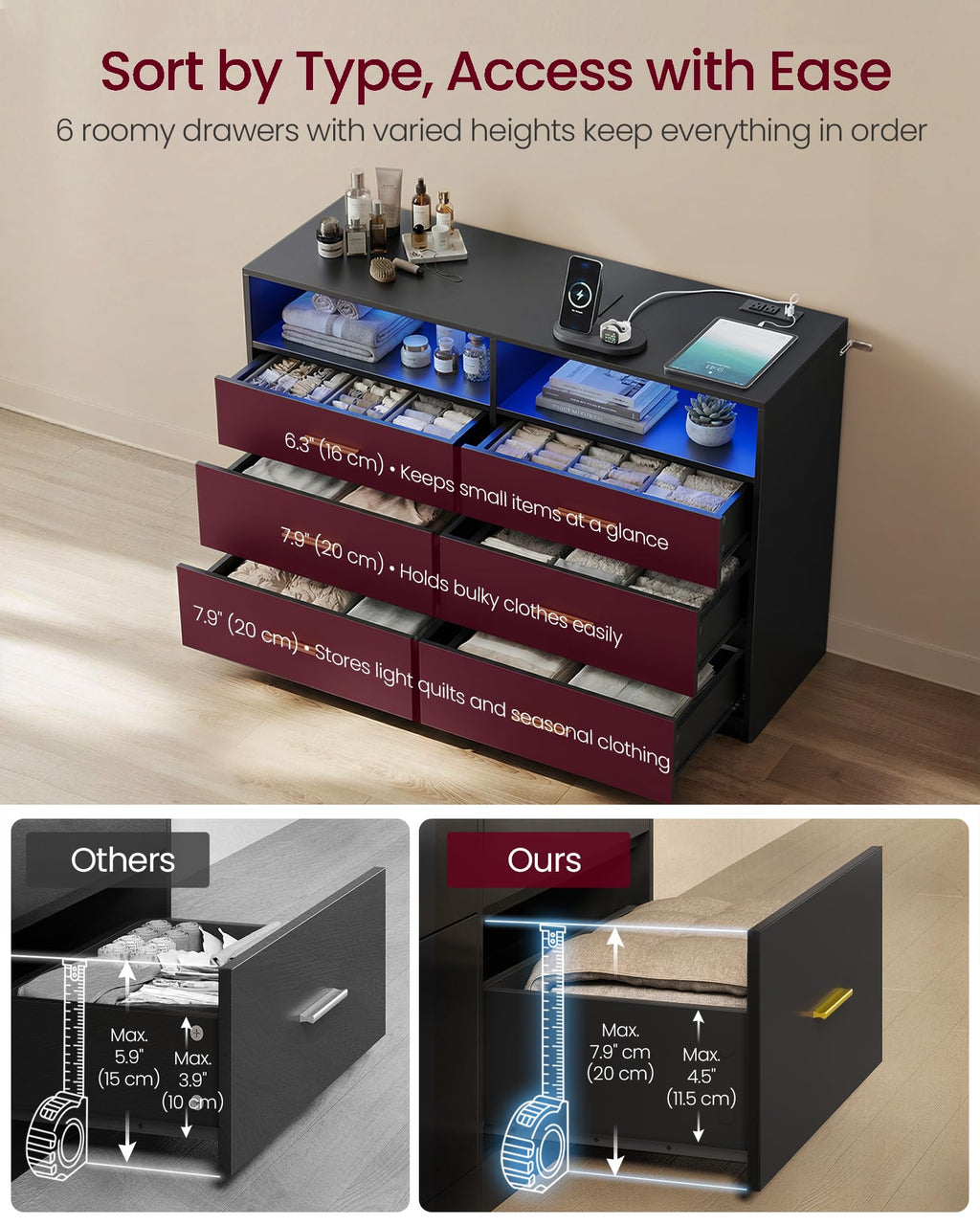 6 Drawer Dresser with LED Lights and Power Strip J252