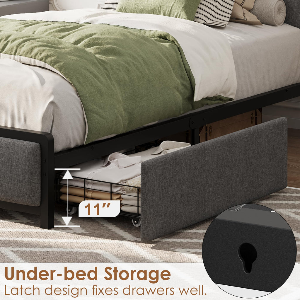 Grey Twin Size Linen Upholstered Platform Bed Frame with 2 Storage Drawers Z53640