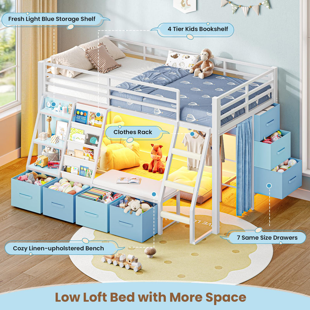 White & Blue Twin Loft Bed with 7 Storage Drawers L495