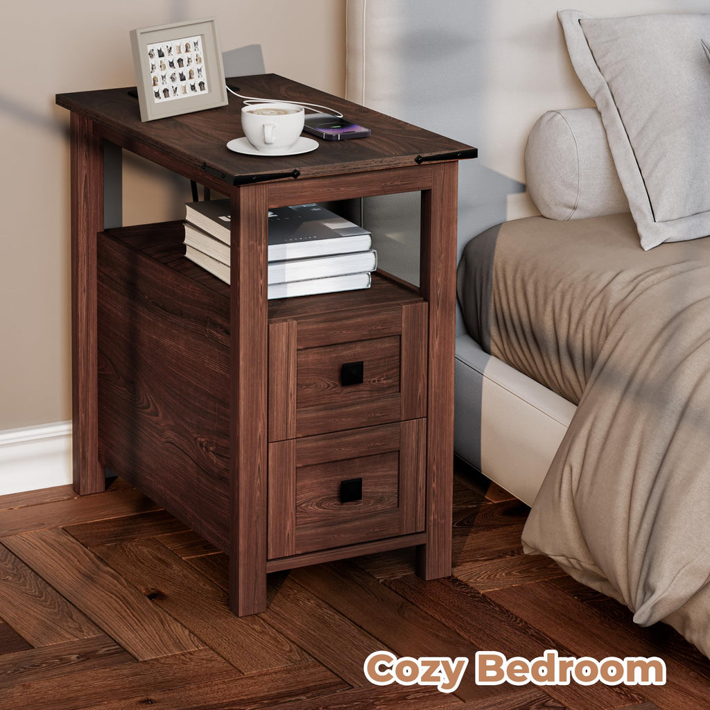 Cherry Wood End Table with Charging Station and 2 Storage Drawers Y5109