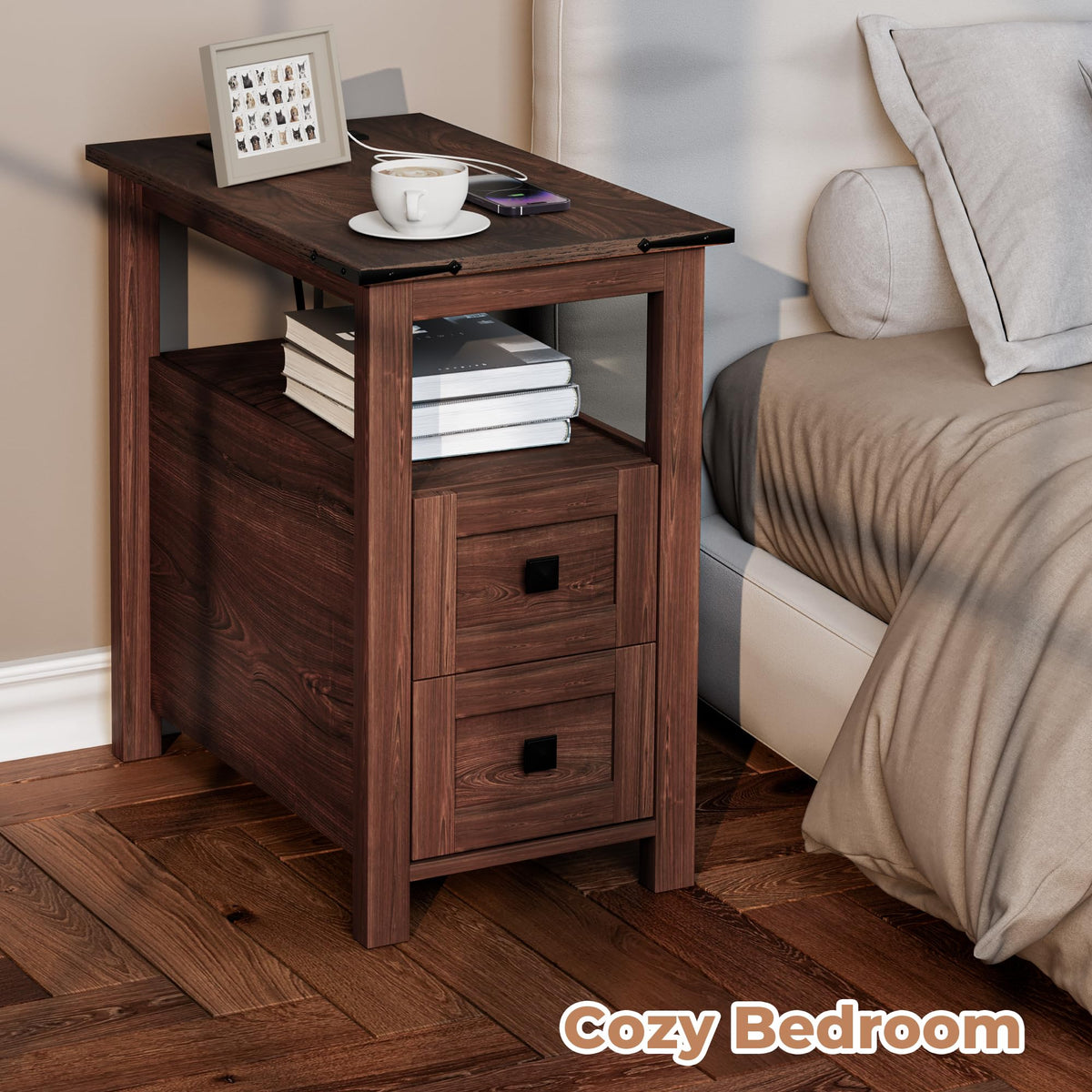 Cherry Wood End Table with Charging Station and 2 Storage Drawers Y5109