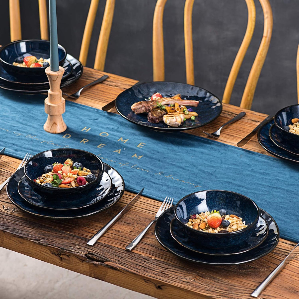 Ceramic Salad Bowls Set, 32 Ounce, Set of 4, Blue Y27424
