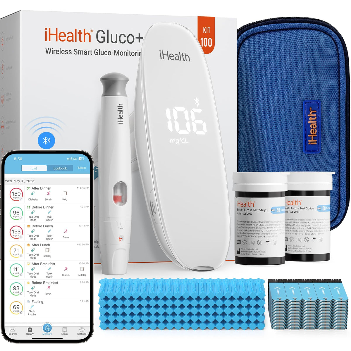 Wireless Smart Glucose Monitor Kit, 100 Strips & 100 Lancets K613707