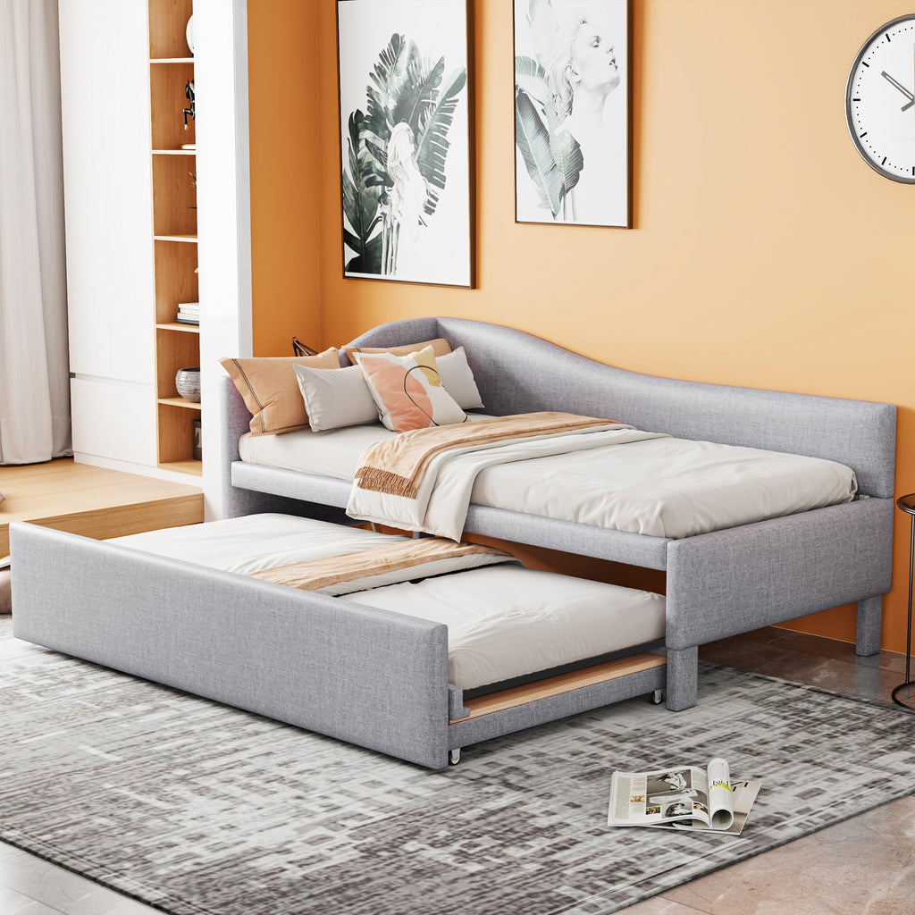 Twin Size Linen Upholstered Daybed with Pop up Trundle B9335