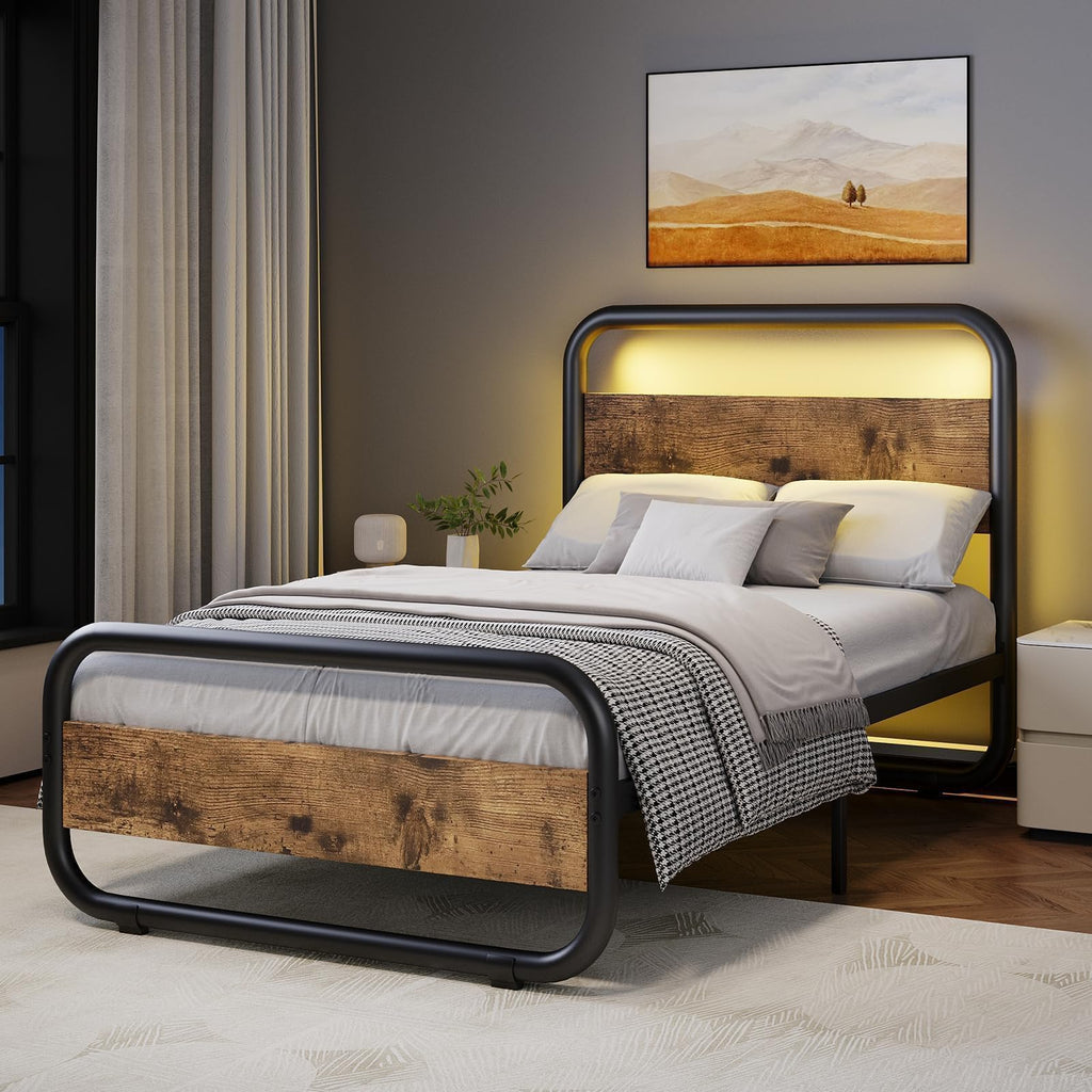Brown Metal Platform Twin Bed Frame with Wood Headboard N342312
