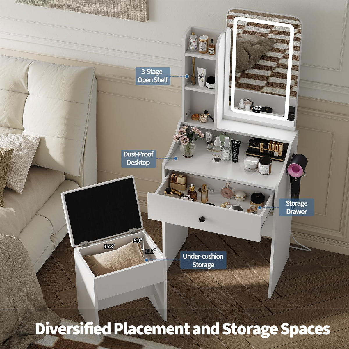 Small Makeup Vanity Desk with Mirror and LED Lights W619