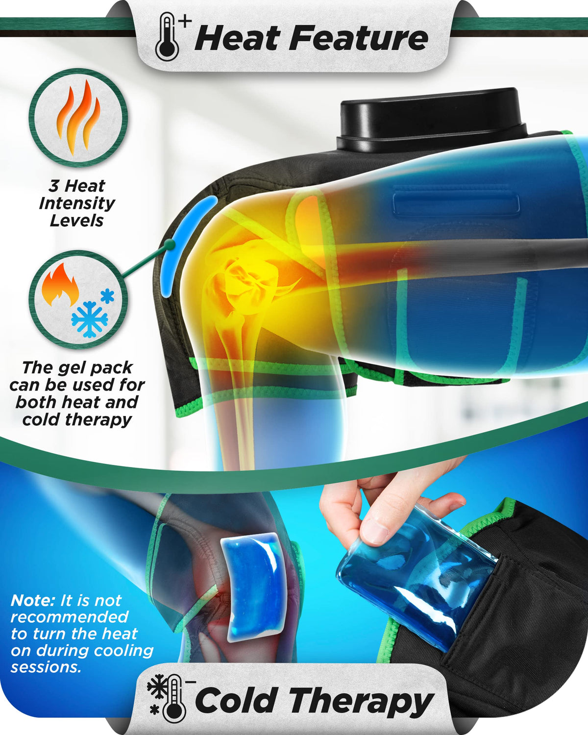 Cordless Knee Massager with Heat, Compression & Vibration, Rechargeable Wrap, Forest Green S176