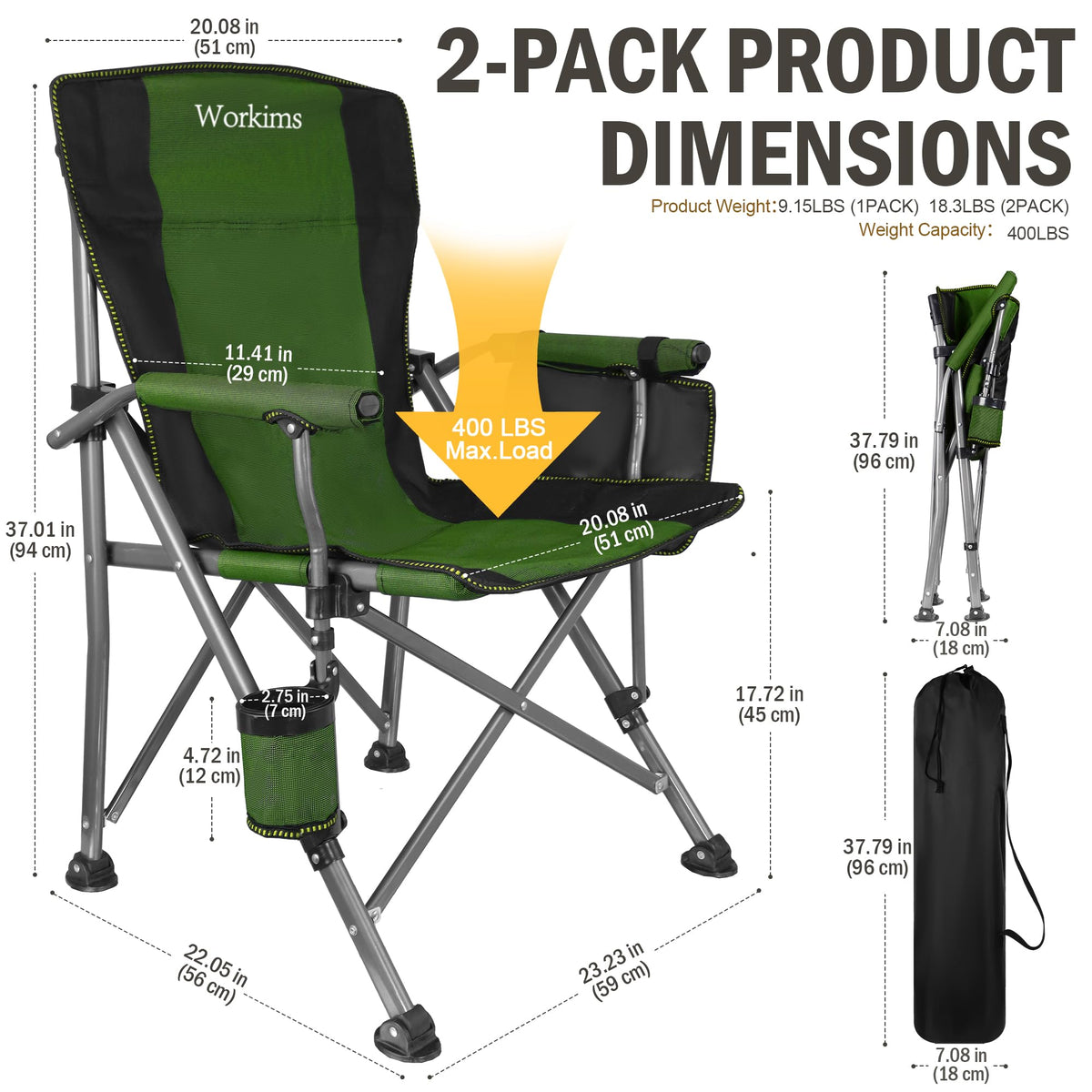 2 Pack Green Folding Camping Chair with Cup Holder and Storage Bag W59102