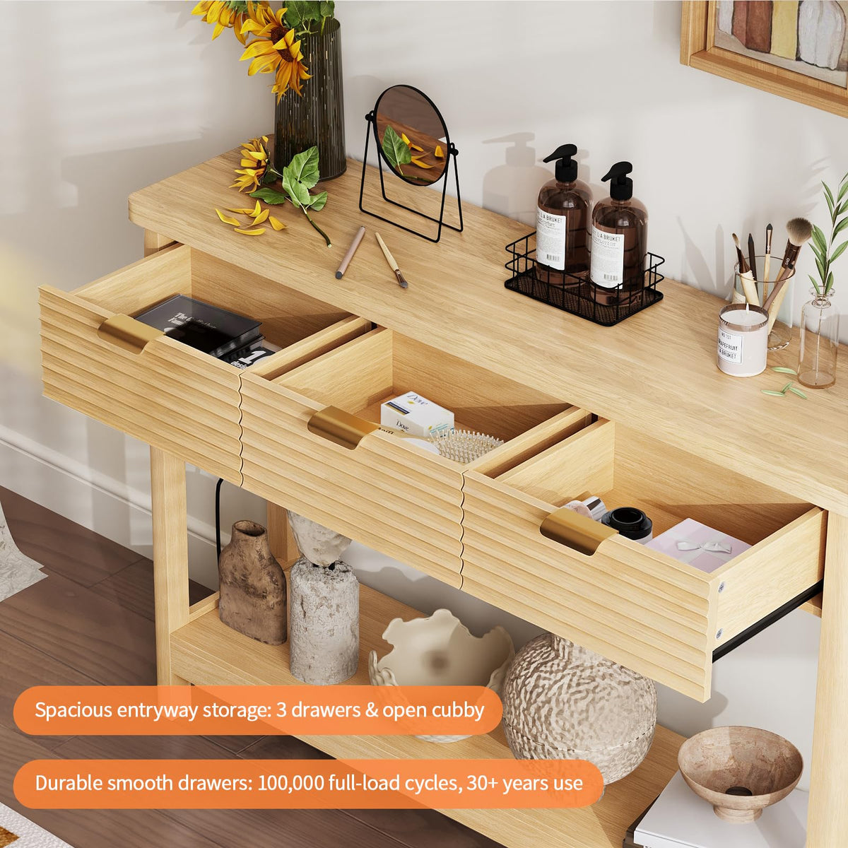 47.2" Narrow Console Table with 3 Drawers & Charging Station, Oak S7400