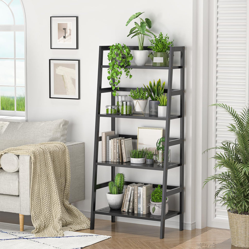 Black 4-Tier Bamboo Ladder Shelf X498782