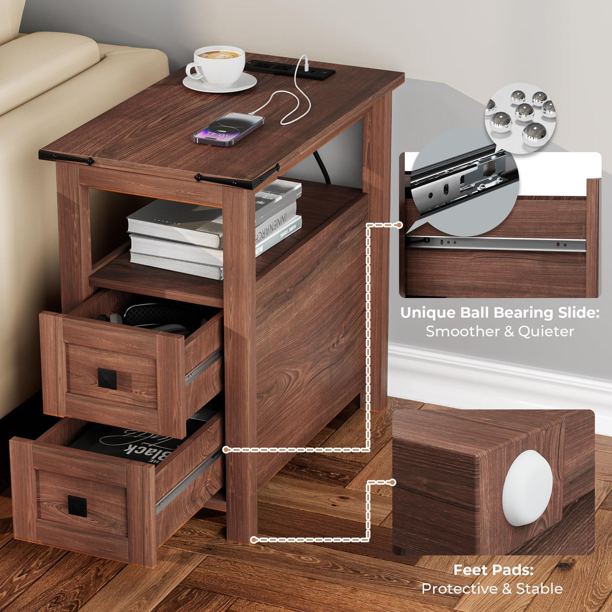 Cherry Wood End Table with Charging Station and 2 Storage Drawers Y5109