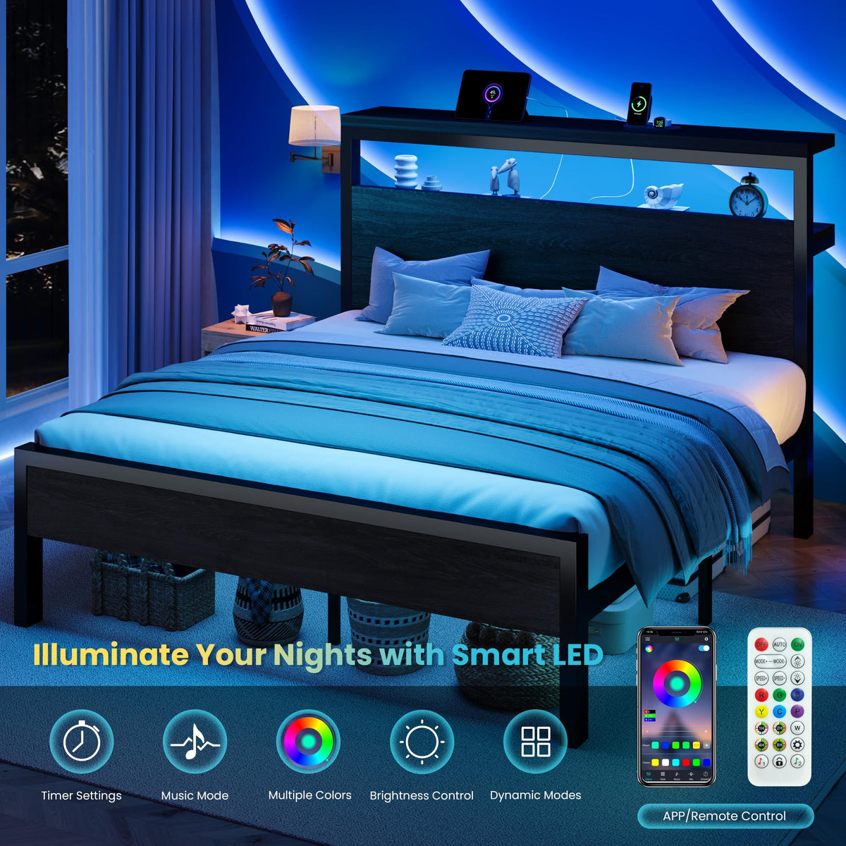 Full Bed Frame with 2-Tier Storage Headboard S9433