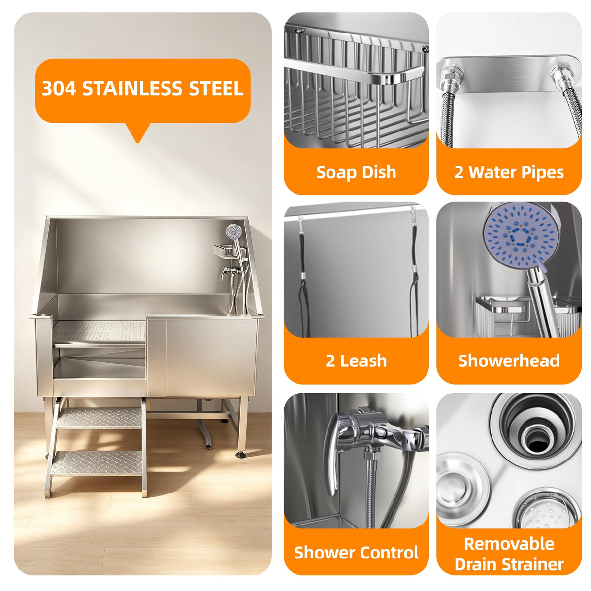 304 Stainless Steel Dog Washing Station with Stairs and 2 Drawers P8469