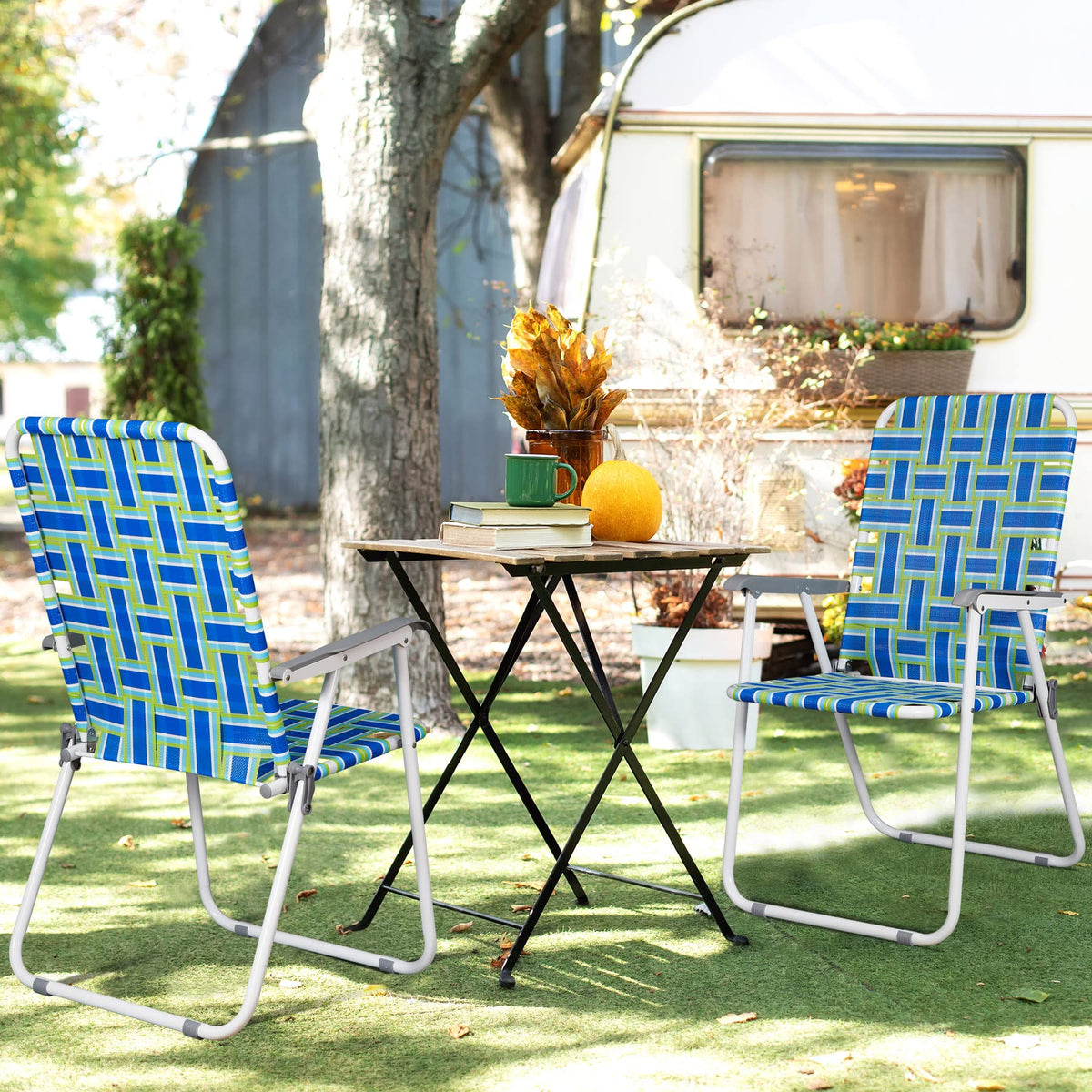 Folding Metal Webbed Outdoor Chair Set of 2 Blue X671413