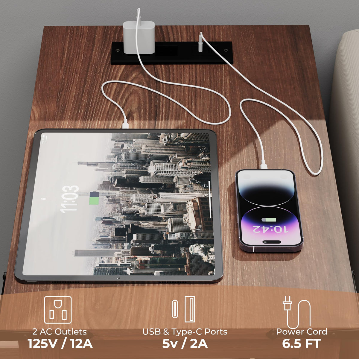 Cherry Wood End Table with Charging Station and 2 Storage Drawers Y5109