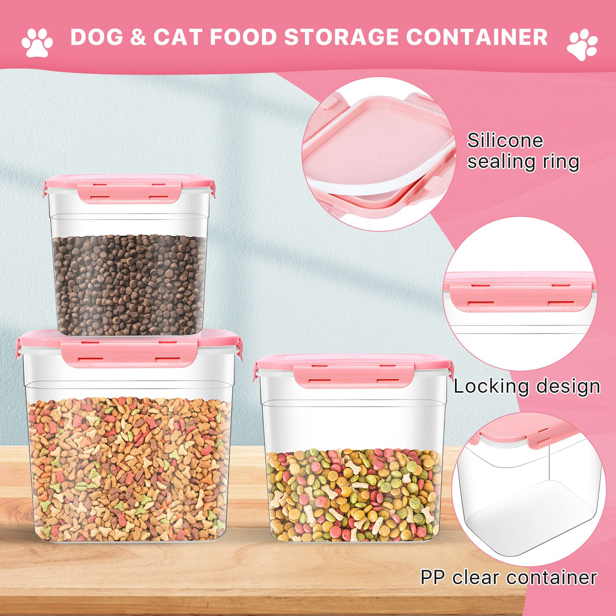3 Pieces Plastic Pet Food Storage Containers with Spoon N1269