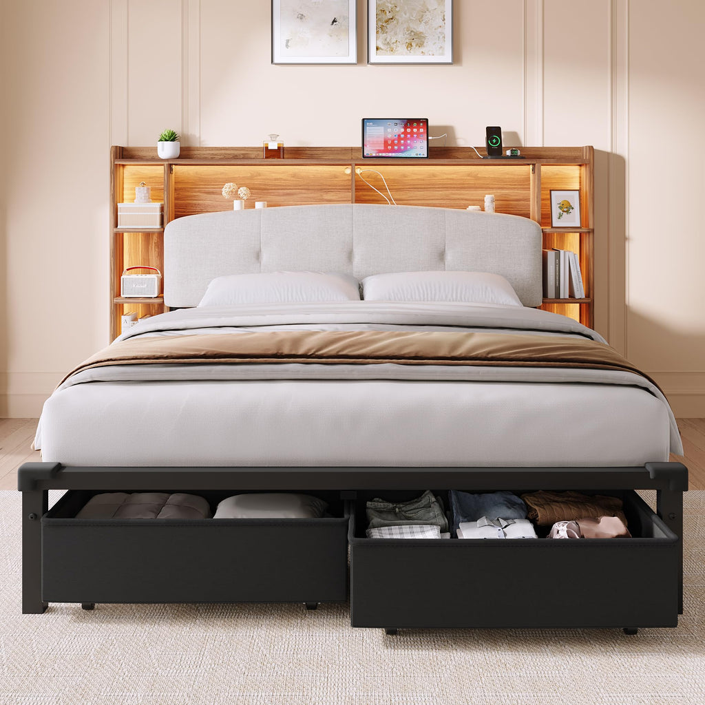 Queen Size Storage Bed Frame with Upholstered Headboard J8011